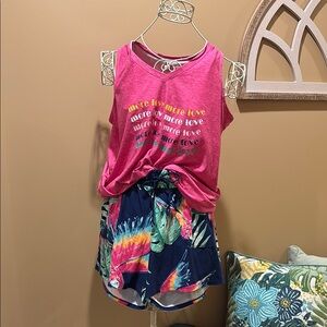 Pink Graphic Tank with Tropical Shorts pajamas.  Size L